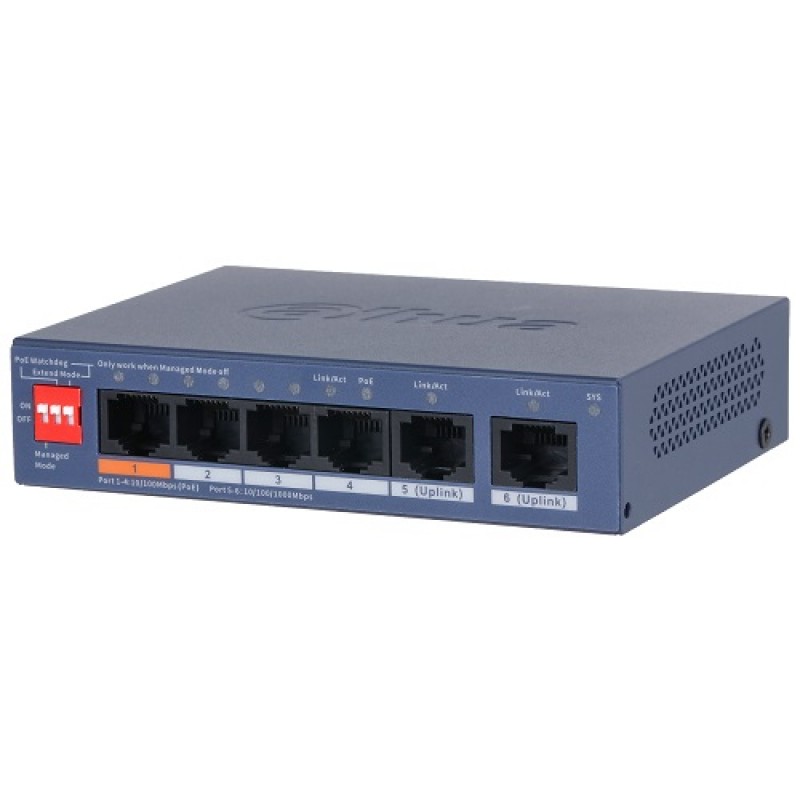 PoE šakotuvas valdomas100Mbps 4portų+2G uplink
