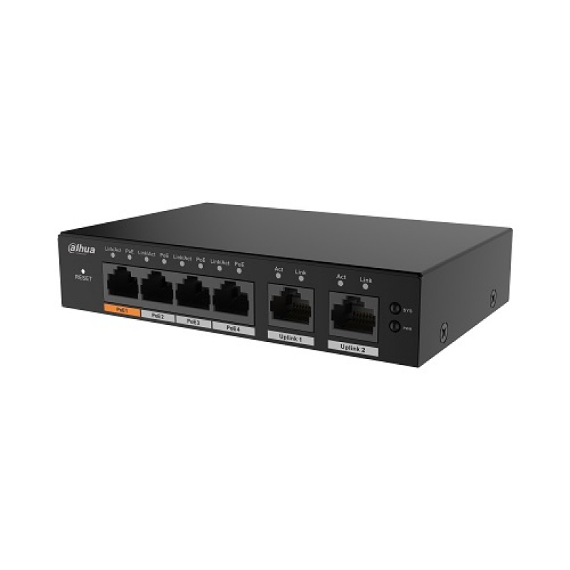 PoE šakotuvas valdomas100Mbps 4portų+2G uplink, Hi-PoE PoE šakotuvas valdomas100Mbps 4portų+2G uplink, Hi-PoE