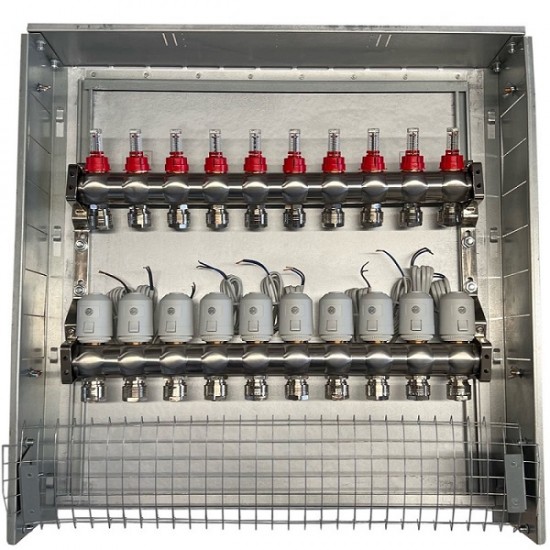 Grindinio šildymo kolektorius 10 kontūrų su terminėmis pavaromis NC AC230V ir debitomačiais Grindinio šildymo kolektorius 10 kontūrų su terminėmis pavaromis NC AC230V ir debitomačiais