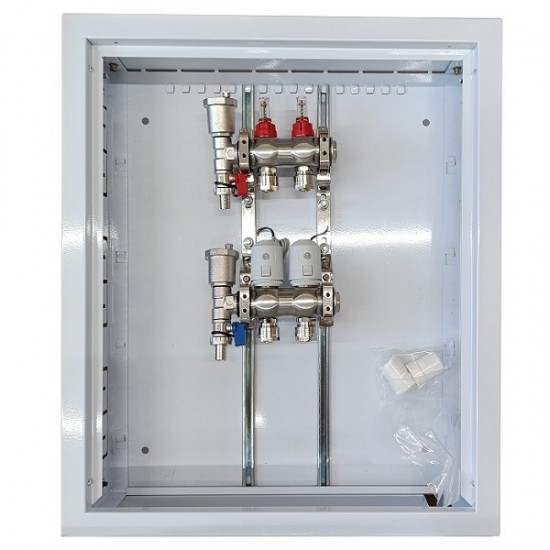 Grindinio šildymo kolektorius 2 kontūrų su terminėmis pavaromis NC AC230V ir debitomačiais Grindinio šildymo kolektorius 2 kontūrų su terminėmis pavaromis NC AC230V ir debitomačiais