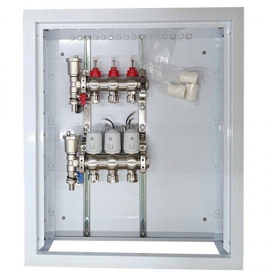 Grindinio šildymo kolektorius 3 kontūrų su terminėmis pavaromis NC AC230V ir debitomačiais Grindinio šildymo kolektorius 3 kontūrų su terminėmis pavaromis NC AC230V ir debitomačiais