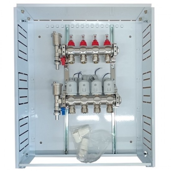 Grindinio šildymo kolektorius 4 kontūrų su terminėmis pavaromis NC AC230V ir debitomačiais Grindinio šildymo kolektorius 4 kontūrų su terminėmis pavaromis NC AC230V ir debitomačiais
