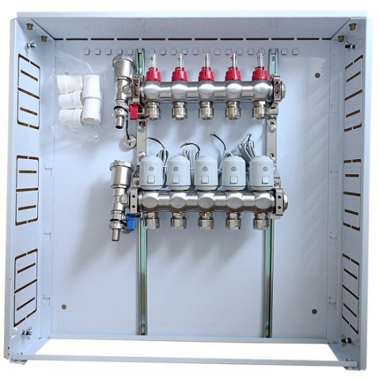 Grindinio šildymo kolektorius 5 kontūrų su terminėmis pavaromis NC AC230V ir debitomačiais Grindinio šildymo kolektorius 5 kontūrų su terminėmis pavaromis NC AC230V ir debitomačiais