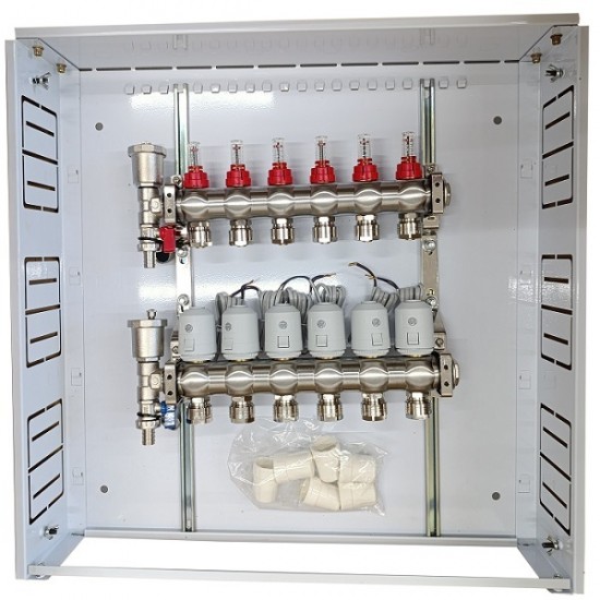 Grindinio šildymo kolektorius 6 kontūrų su terminėmis pavaromis NC AC230V ir debitomačiais Grindinio šildymo kolektorius 6 kontūrų su terminėmis pavaromis NC AC230V ir debitomačiais