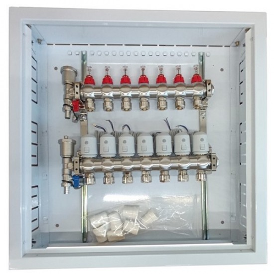 Grindinio šildymo kolektorius 7 kontūrų su terminėmis pavaromis NC AC230V ir debitomačiais Grindinio šildymo kolektorius 7 kontūrų su terminėmis pavaromis NC AC230V ir debitomačiais