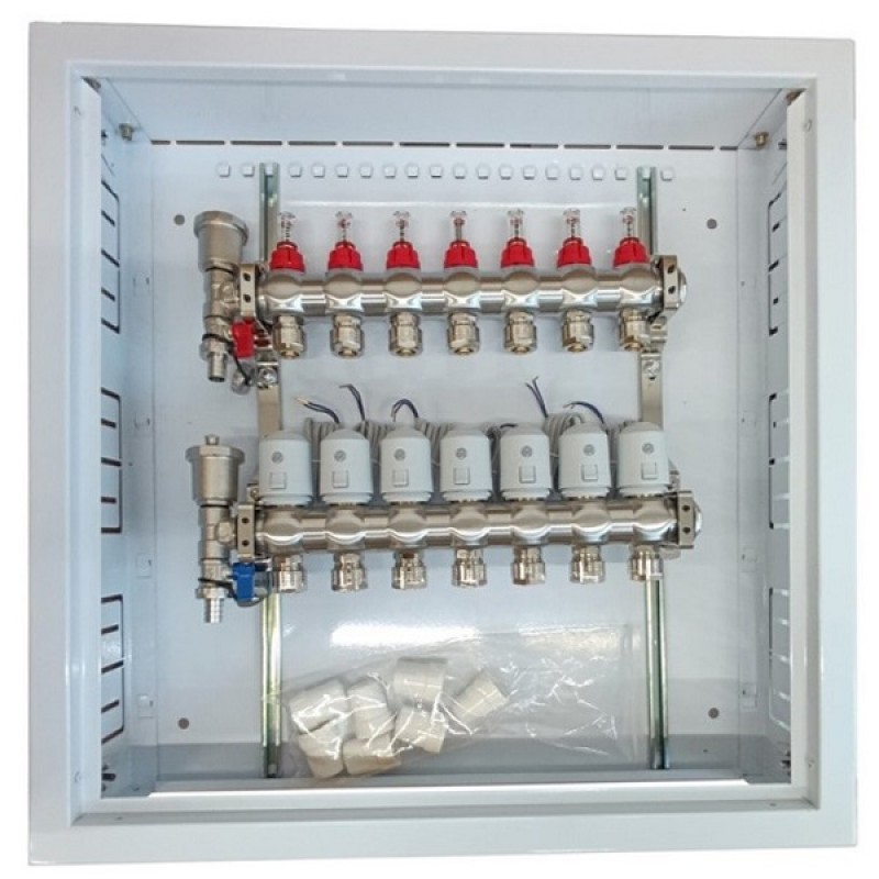 Grindinio šildymo kolektorius 7 kontūrų su terminėmis pavaromis NC AC230V ir debitomačiais Grindinio šildymo kolektorius 7 kontūrų su terminėmis pavaromis NC AC230V ir debitomačiais