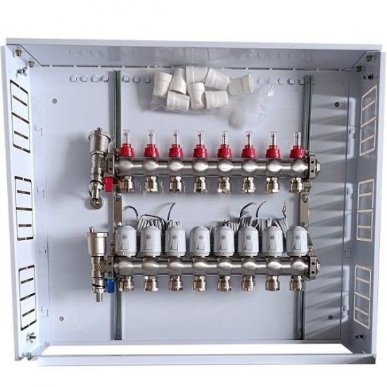 Grindinio šildymo kolektorius 8 kontūrų su terminėmis pavaromis NC AC230V ir debitomačiais Grindinio šildymo kolektorius 8 kontūrų su terminėmis pavaromis NC AC230V ir debitomačiais