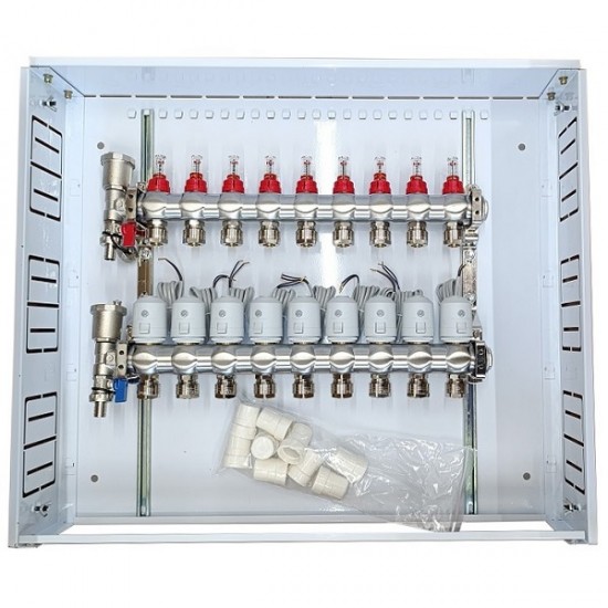 Grindinio šildymo kolektorius 9 kontūrų su terminėmis pavaromis NC AC230V ir debitomačiais Grindinio šildymo kolektorius 9 kontūrų su terminėmis pavaromis NC AC230V ir debitomačiais