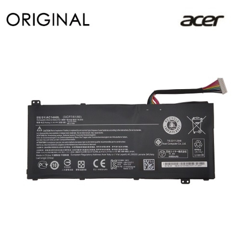 Nešiojamo kompiuterio baterija ACER AC14A8L, 4465mAh, Original Nešiojamo kompiuterio baterija ACER AC14A8L, 4465mAh, Original