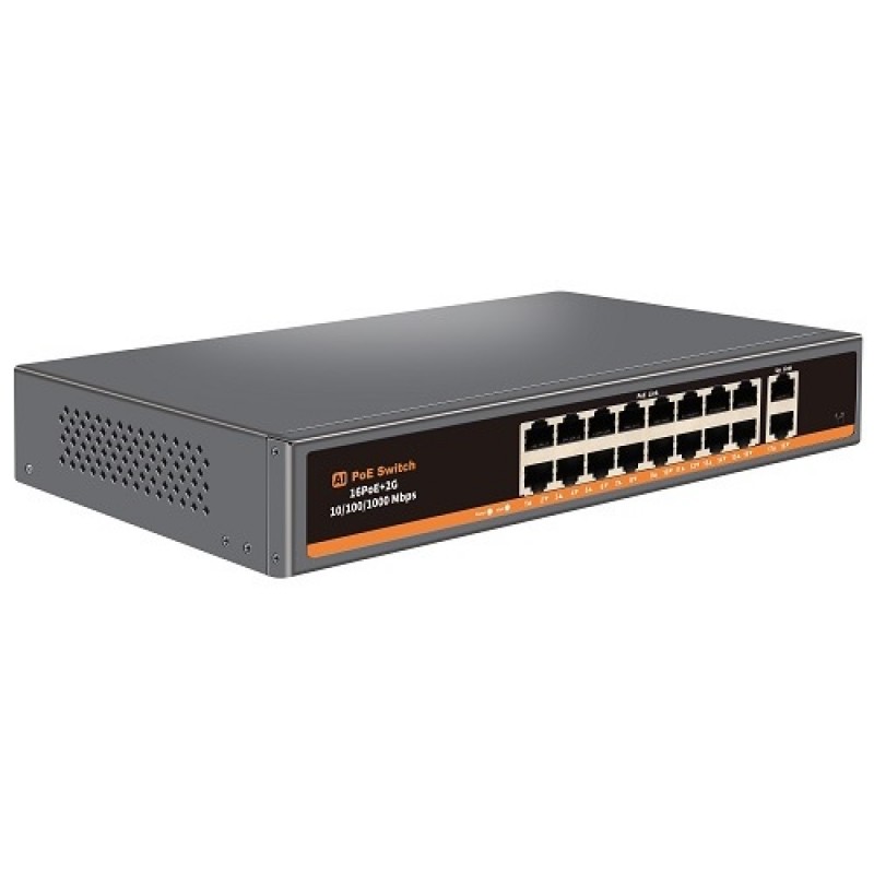 PoE šakotuvas 16x 100Mbps PoE + 2x Gigabit UPLINK, 250W